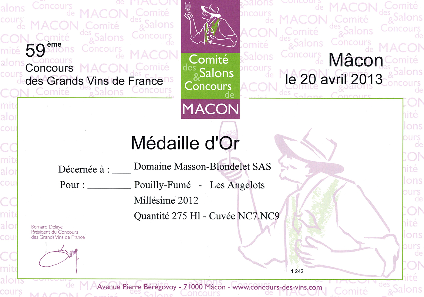 Domaine Masson-Blondelet - Concours des Grands Vins de France 2013 - Medaille d'or
